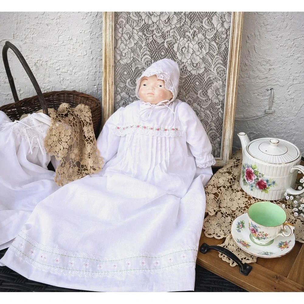 Vintage Porcelain Baby Doll in White Hand Made Embroidered Christening Gown Lace